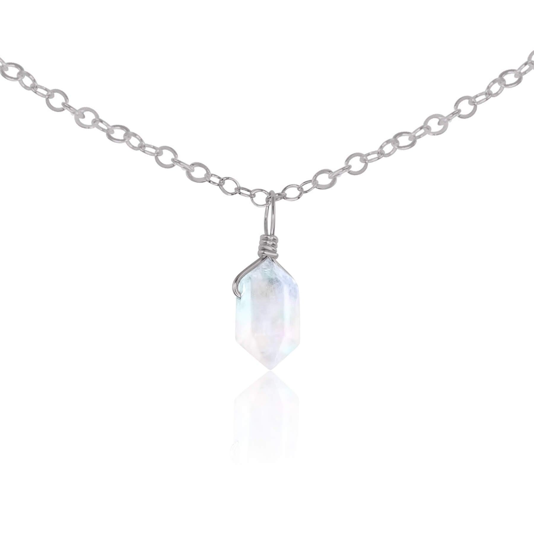 Rainbow Moonstone Mini Double Terminated Crystal Point Pendant Choker Necklace - Rainbow Moonstone Mini Double Terminated Crystal Point Pendant Choker Necklace - Stainless Steel / Cable - Luna Tide Handmade Crystal Jewellery