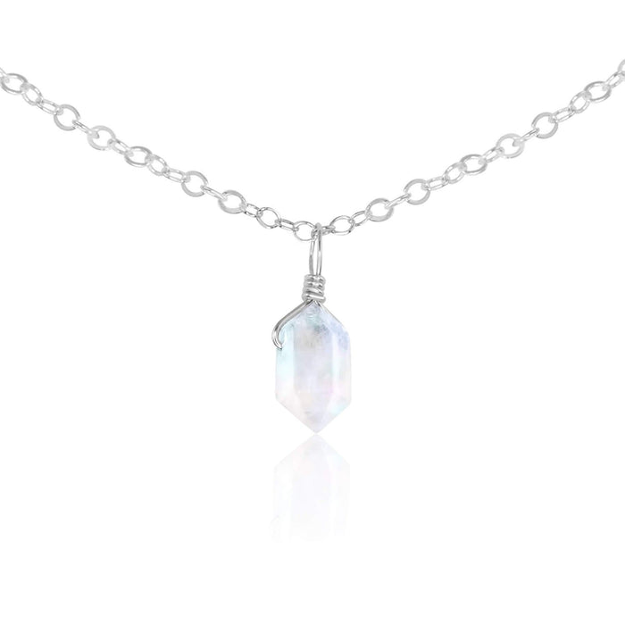 Rainbow Moonstone Mini Double Terminated Crystal Point Pendant Choker Necklace - Rainbow Moonstone Mini Double Terminated Crystal Point Pendant Choker Necklace - Sterling Silver / Cable - Luna Tide Handmade Crystal Jewellery
