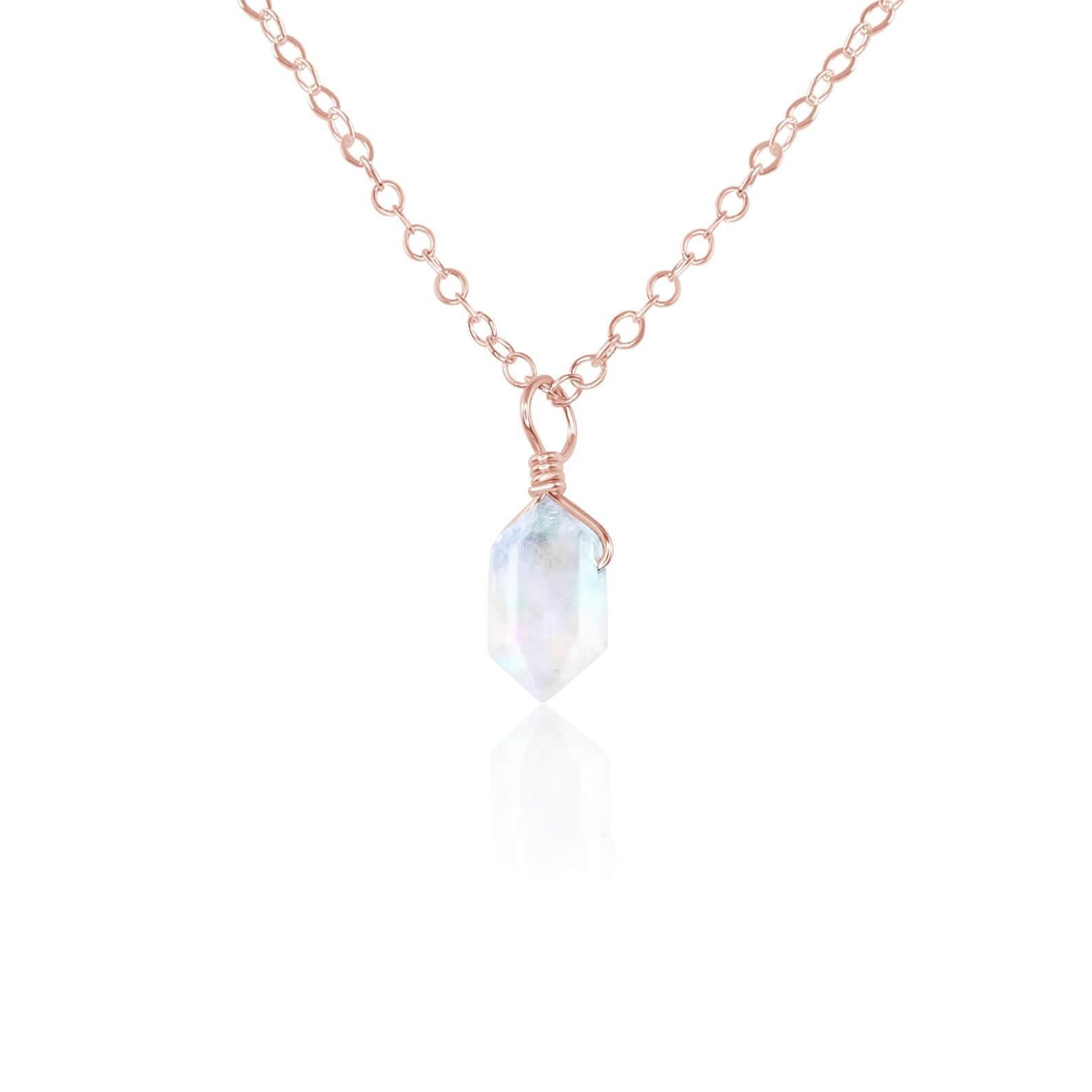 Rainbow Moonstone Mini Double Terminated Crystal Point Pendant Necklace - Rainbow Moonstone Mini Double Terminated Crystal Point Pendant Necklace - 14k Rose Gold Fill / Cable - Luna Tide Handmade Crystal Jewellery