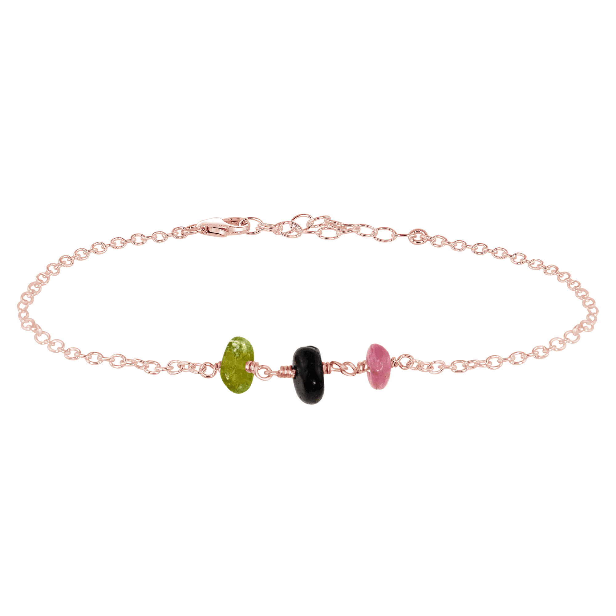 Rainbow Tourmaline Beaded Chain Anklet - Rainbow Tourmaline Beaded Chain Anklet - 14k Rose Gold Fill - Luna Tide Handmade Crystal Jewellery