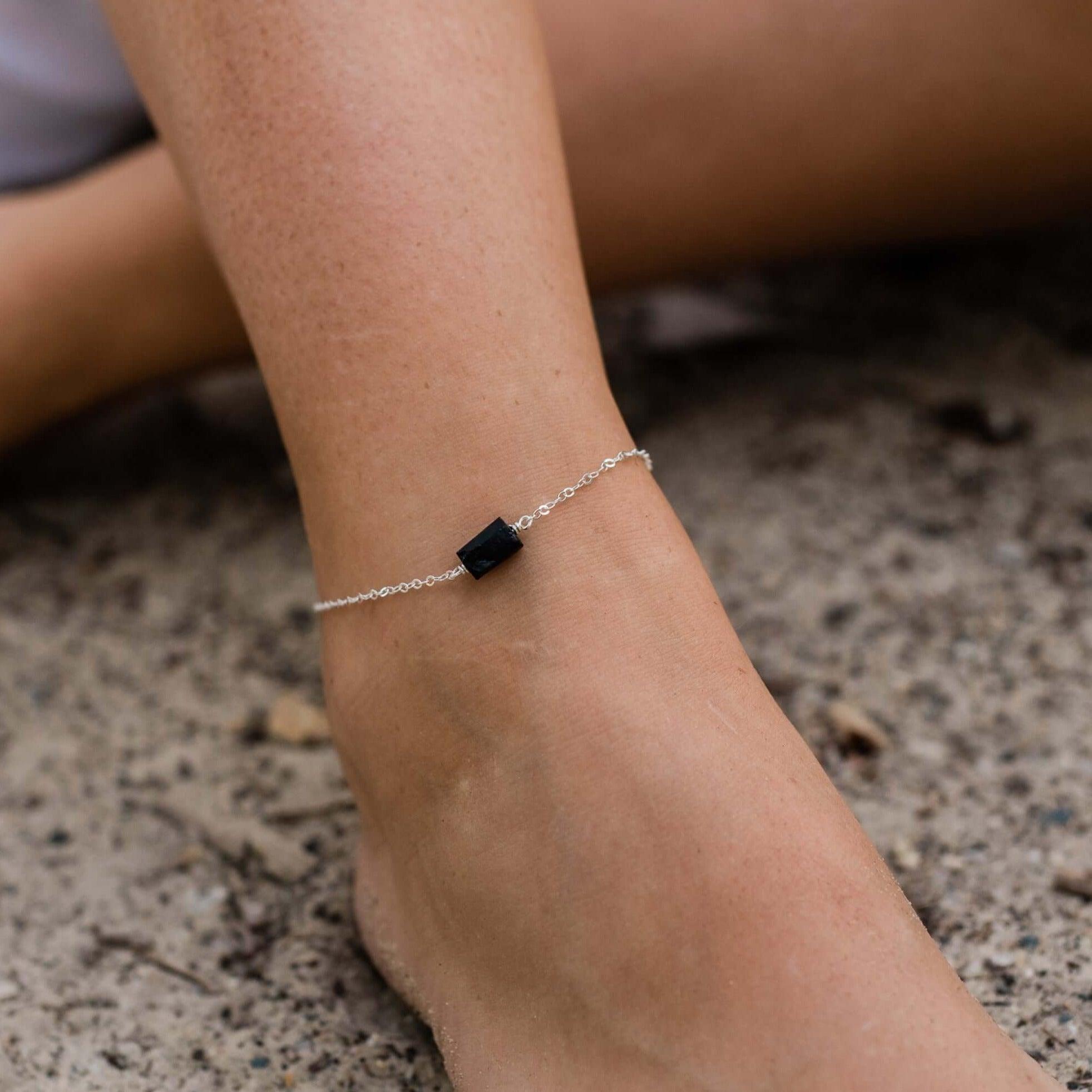Raw Black Tourmaline Crystal Nugget Anklet - Raw Black Tourmaline Crystal Nugget Anklet - Sterling Silver - Luna Tide Handmade Crystal Jewellery