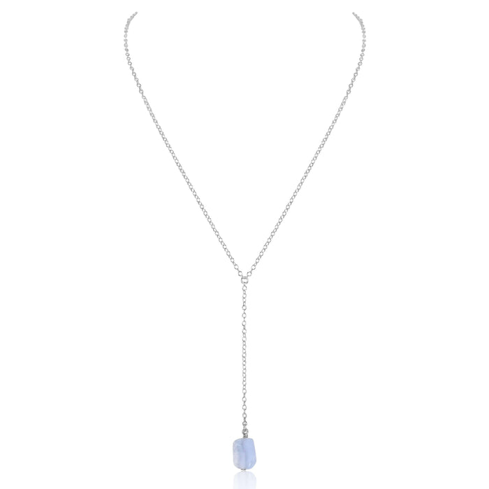 Raw Blue Lace Agate Crystal Lariat Necklace - Raw Blue Lace Agate Crystal Lariat Necklace - Sterling Silver - Luna Tide Handmade Crystal Jewellery
