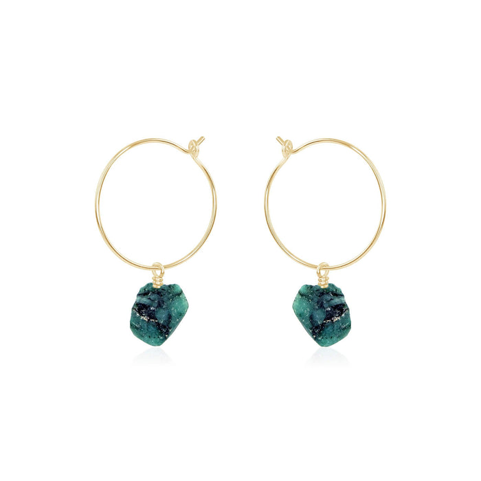 Raw Emerald Gemstone Dangle Hoop Earrings - Raw Emerald Gemstone Dangle Hoop Earrings - 14k Gold Fill - Luna Tide Handmade Crystal Jewellery