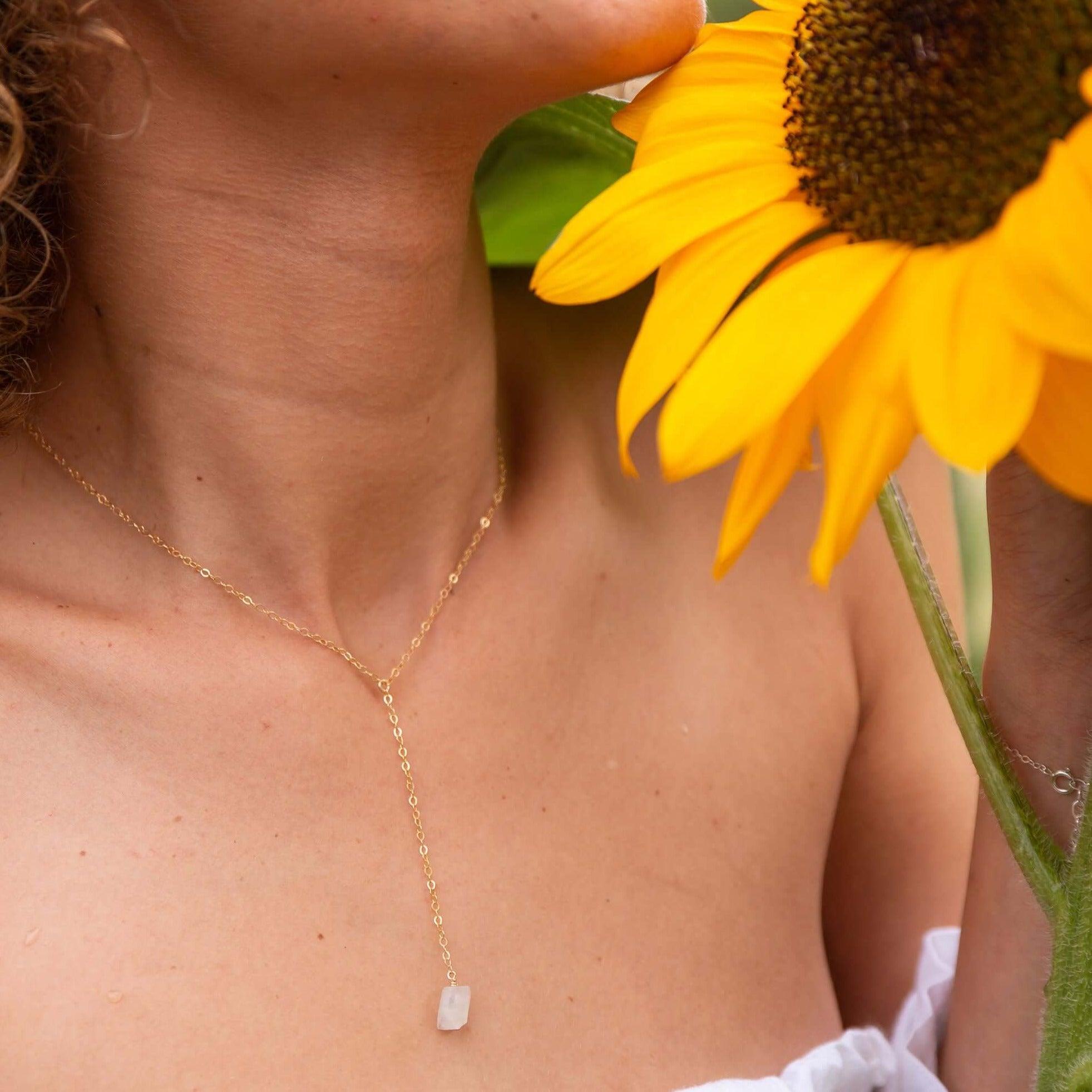 Raw Rainbow Moonstone Crystal Lariat Necklace - Raw Rainbow Moonstone Crystal Lariat Necklace - 14k Gold Fill - Luna Tide Handmade Crystal Jewellery