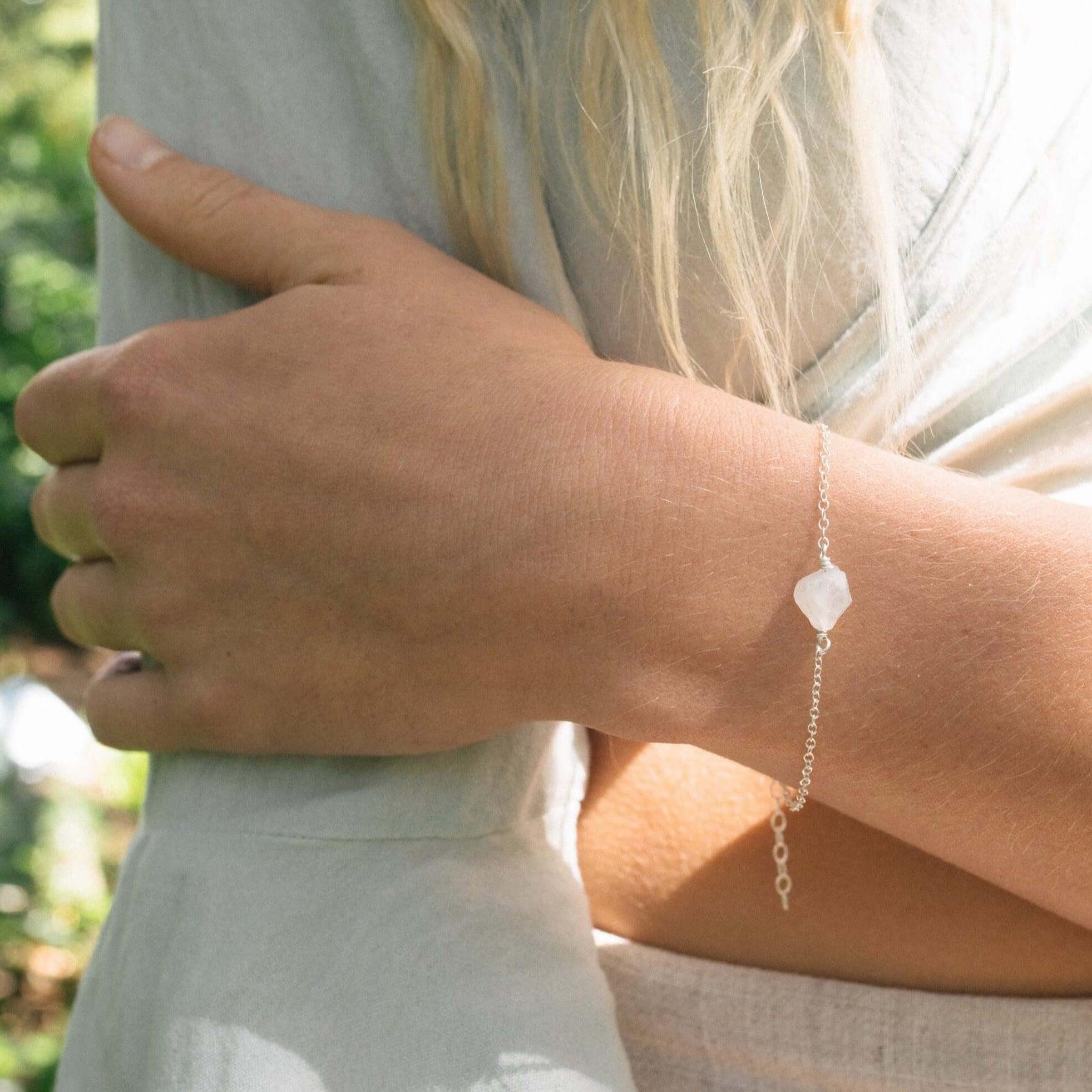 Raw Rainbow Moonstone Crystal Nugget Bracelet - Raw Rainbow Moonstone Crystal Nugget Bracelet - Sterling Silver - Luna Tide Handmade Crystal Jewellery