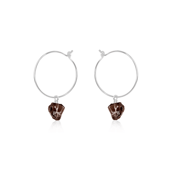 Raw Smoky Quartz Gemstone Dangle Hoop Earrings - Raw Smoky Quartz Gemstone Dangle Hoop Earrings - Sterling Silver - Luna Tide Handmade Crystal Jewellery