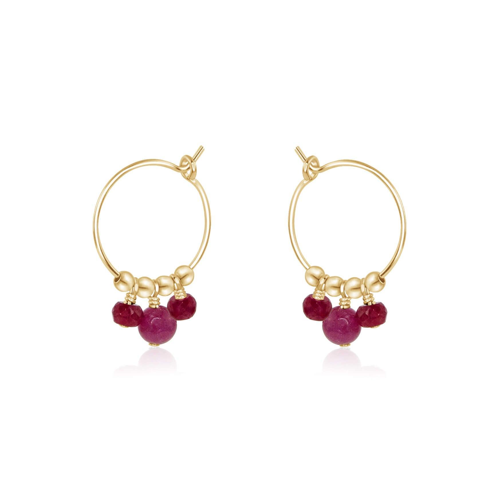 Red Ruby Gemstone Bead Drop Hoop Earrings - Red Ruby Gemstone Bead Drop Hoop Earrings - 14k Gold Fill - Luna Tide Handmade Crystal Jewellery