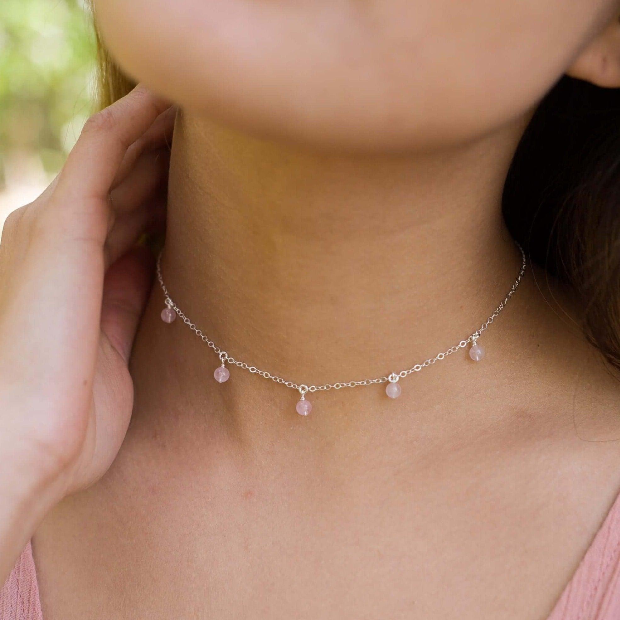 Rose Quartz Bead Drop Choker - Rose Quartz Bead Drop Choker - 14k Gold Fill - Luna Tide Handmade Crystal Jewellery