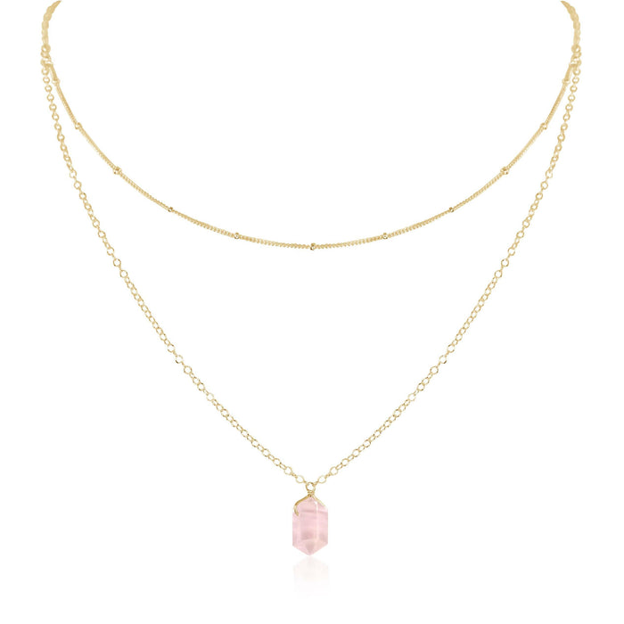 Rose Quartz Double Terminated Crystal Chain Layered Choker Necklace - Rose Quartz Double Terminated Crystal Chain Layered Choker Necklace - 14k Gold Fill - Luna Tide Handmade Crystal Jewellery