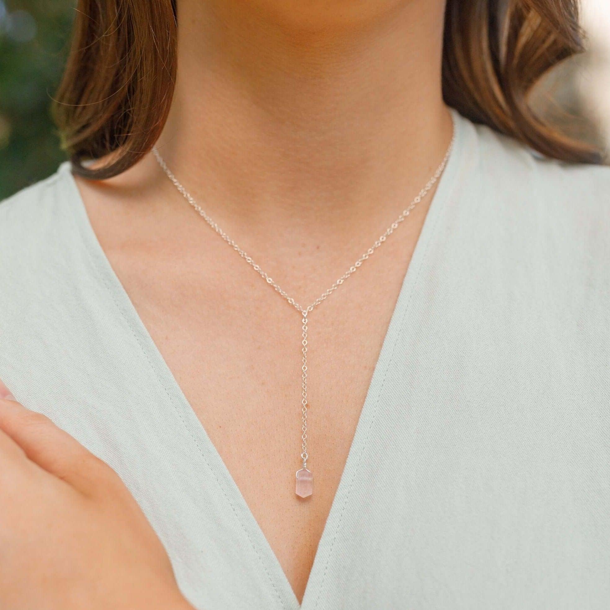 Rose Quartz Double Terminated Mini Crystal Point Lariat Necklace - Rose Quartz Double Terminated Mini Crystal Point Lariat Necklace - Sterling Silver - Luna Tide Handmade Crystal Jewellery