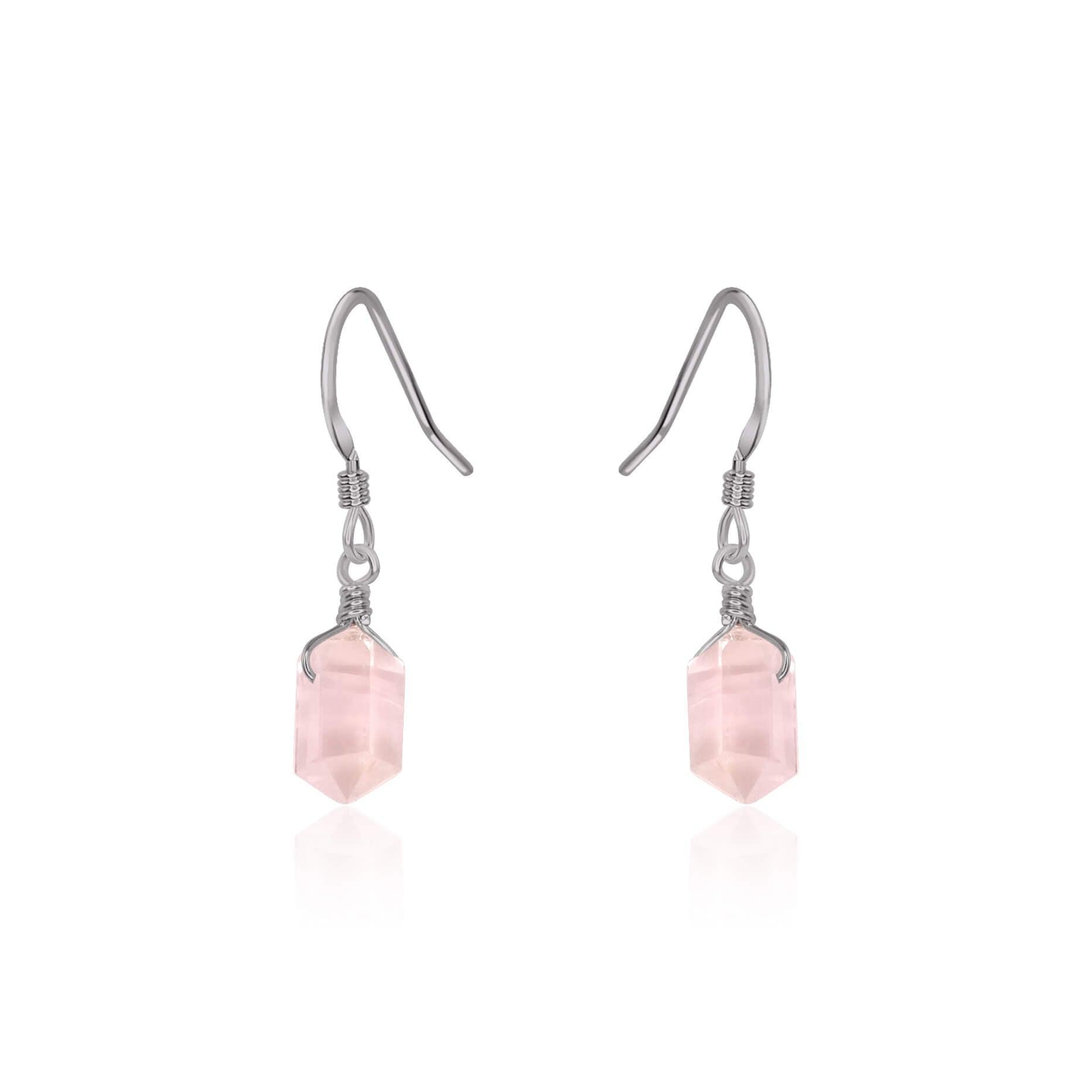 Rose Quartz Mini Double Terminated Crystal Point Dangle Drop Earrings - Rose Quartz Mini Double Terminated Crystal Point Dangle Drop Earrings - Stainless Steel - Luna Tide Handmade Crystal Jewellery