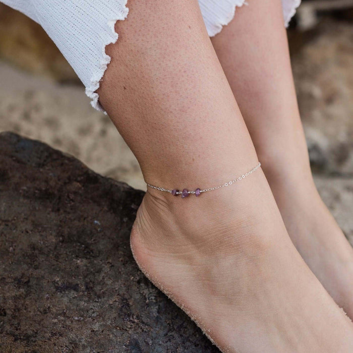 Ruby Beaded Chain Anklet - Ruby Beaded Chain Anklet - Sterling Silver - Luna Tide Handmade Crystal Jewellery