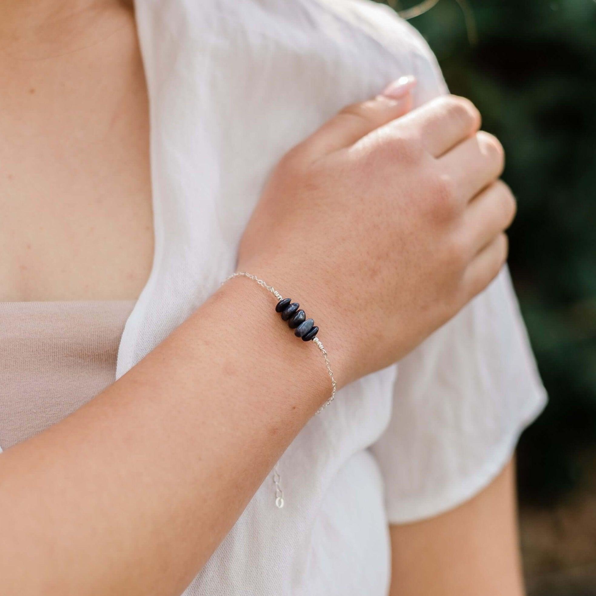 Sapphire Chip Bead Bar Bracelet - Sapphire Chip Bead Bar Bracelet - 14k Gold Fill - Luna Tide Handmade Crystal Jewellery