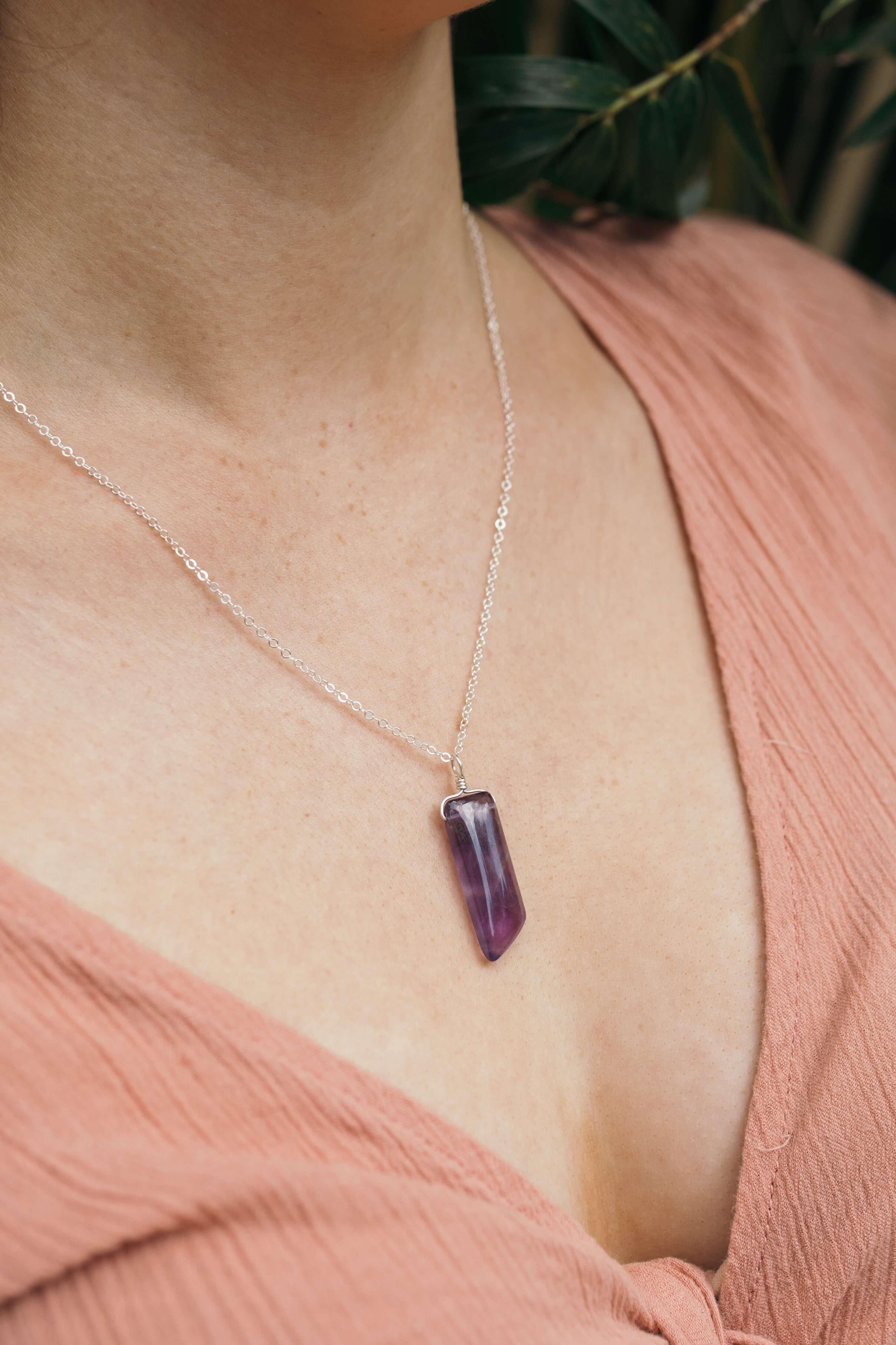 Smooth Purple Amethyst Natural Point Crystal Necklace - Smooth Purple Amethyst Natural Point Crystal Necklace - Sterling Silver / Cable - Luna Tide Handmade Crystal Jewellery