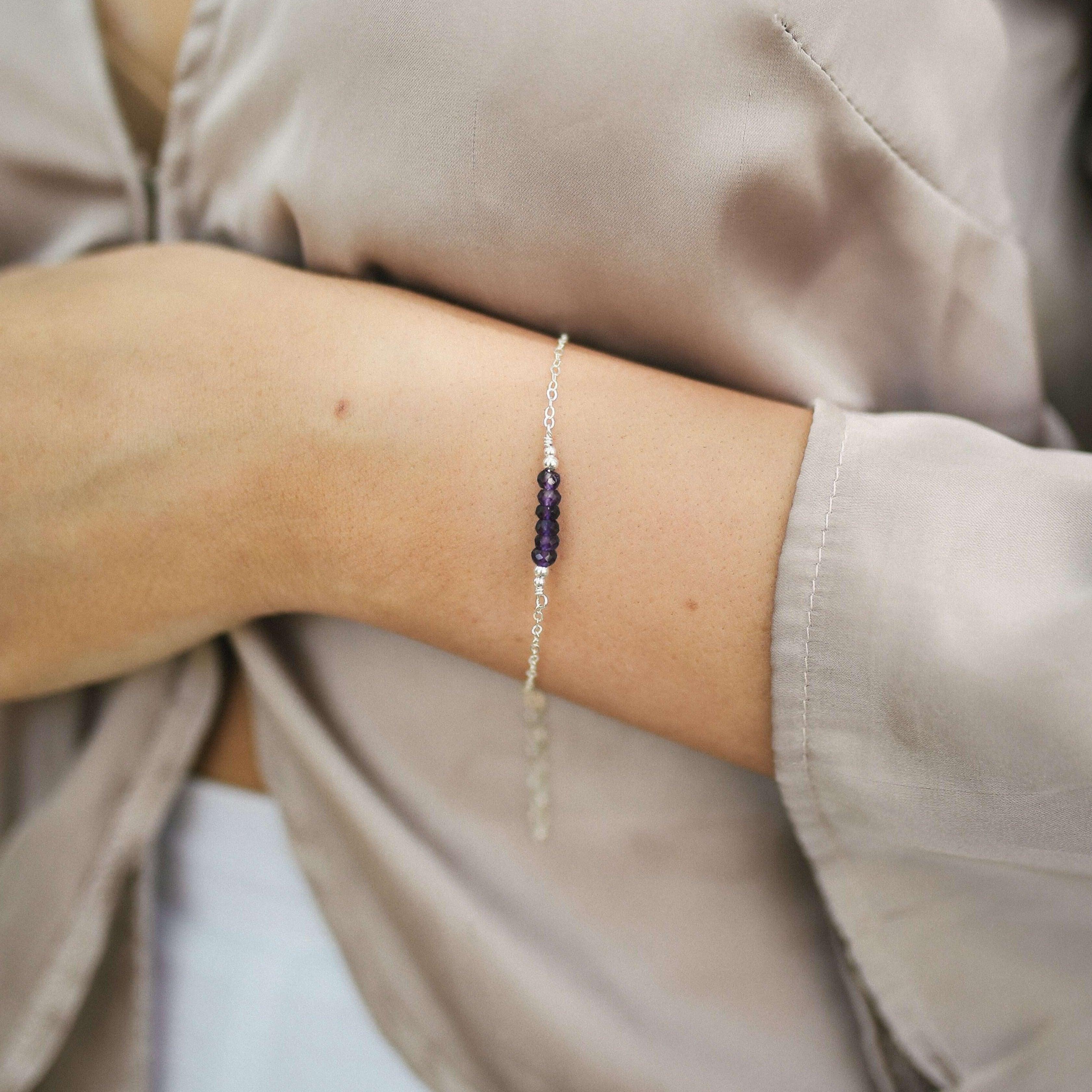 Sparkling Purple Amethyst Gemstone Faceted Bead Bar Bracelet - Sparkling Purple Amethyst Gemstone Faceted Bead Bar Bracelet - Sterling Silver - Luna Tide Handmade Crystal Jewellery