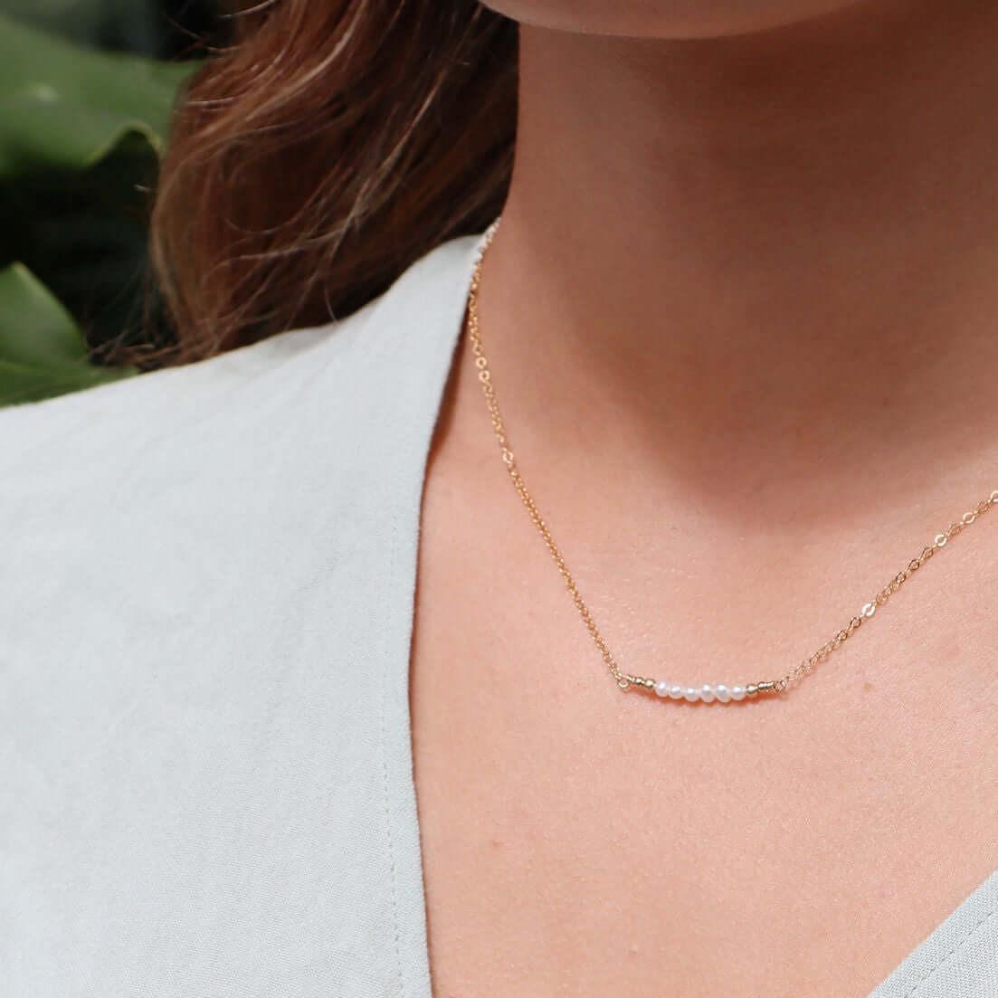 Sparkling White Freshwater Pearl Tiny Bead Bar Necklace - Sparkling White Freshwater Pearl Tiny Bead Bar Necklace - 14k Gold Fill - Luna Tide Handmade Crystal Jewellery