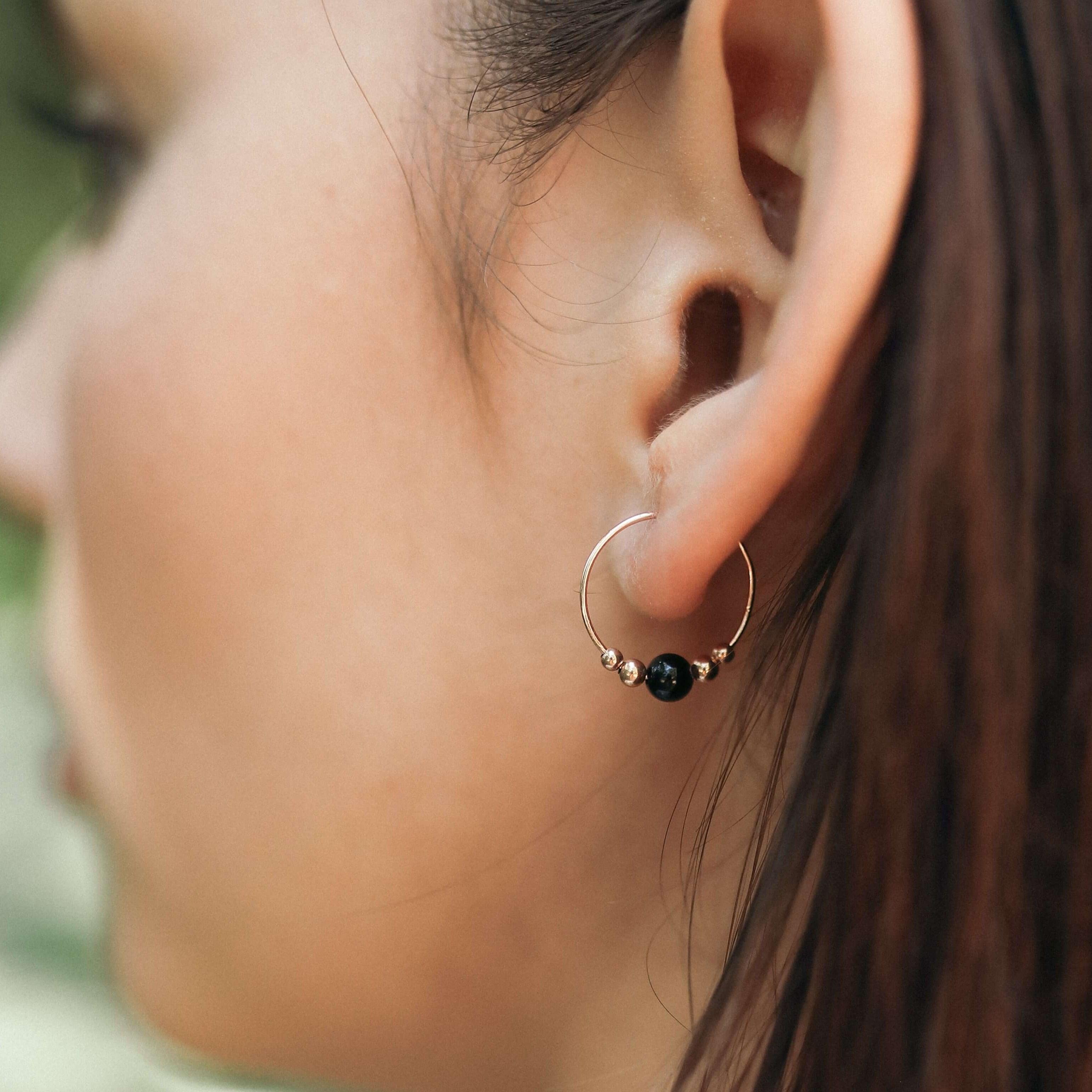 Tiny Black Tourmaline Bead Hoop Earrings - Tiny Black Tourmaline Bead Hoop Earrings - 14k Gold Fill - Luna Tide Handmade Crystal Jewellery