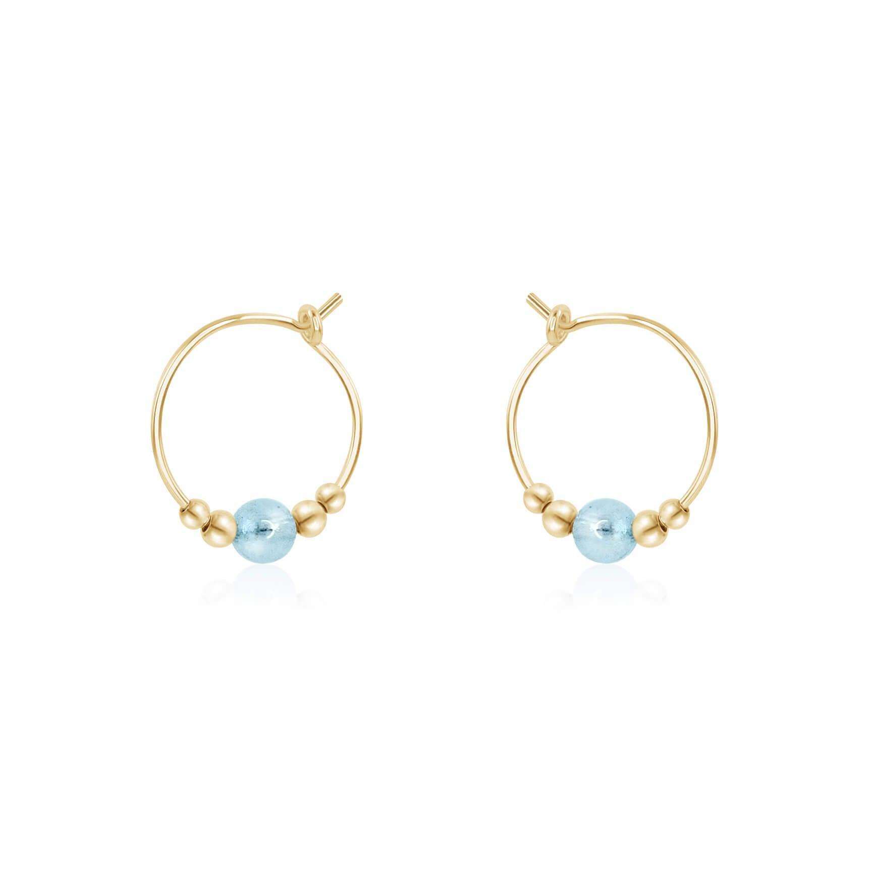 Tiny Blue Aquamarine Bead Hoop Earrings - Tiny Blue Aquamarine Bead Hoop Earrings - 14k Gold Fill - Luna Tide Handmade Crystal Jewellery