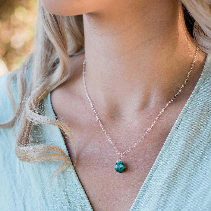 Tiny Emerald Teardrop Crystal Necklace - Tiny Emerald Teardrop Crystal Necklace - Sterling Silver / Cable - Luna Tide Handmade Crystal Jewellery