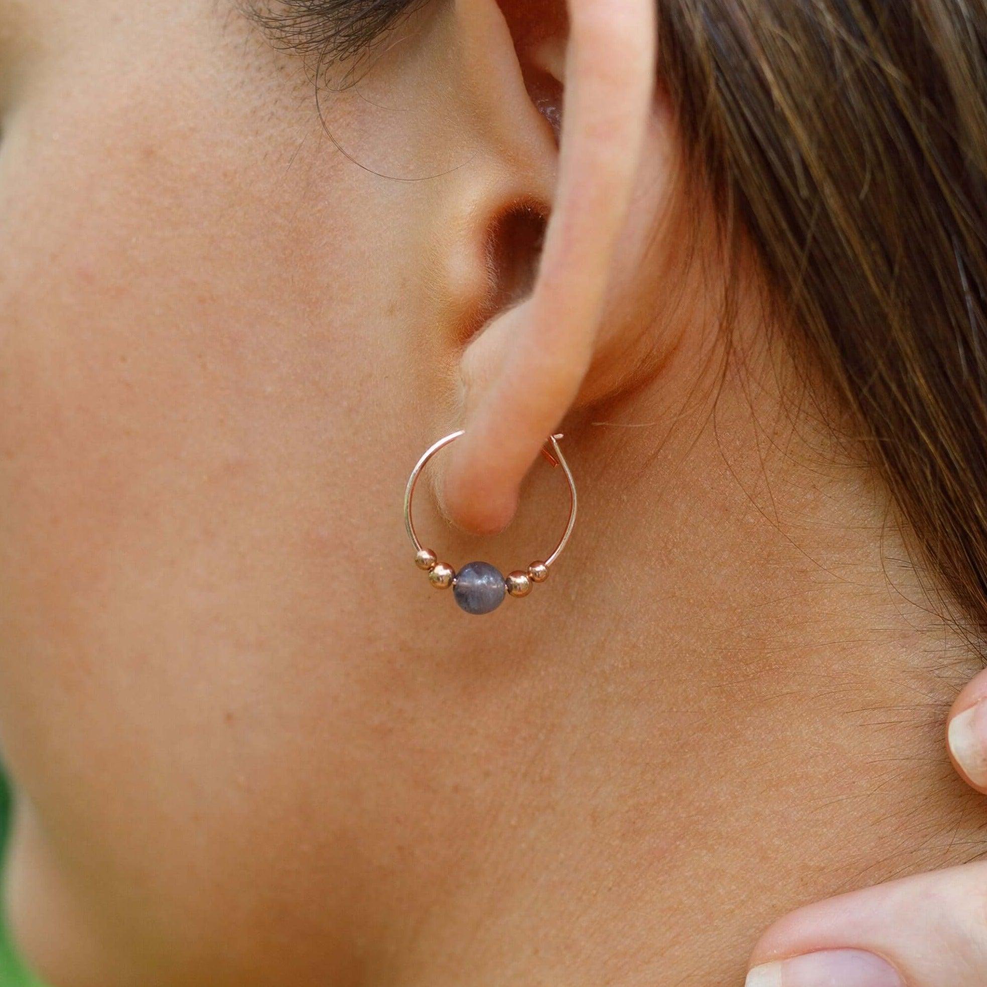 Tiny Iolite Gemstone Bead Hoop Earrings - Tiny Iolite Gemstone Bead Hoop Earrings - 14k Gold Fill - Luna Tide Handmade Crystal Jewellery