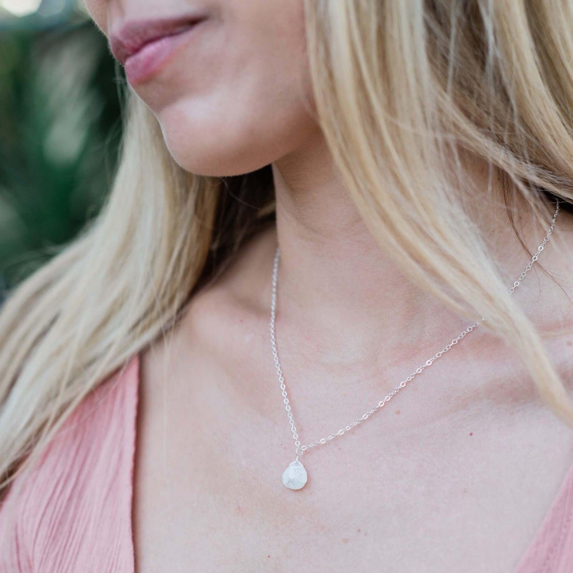 Tiny Rainbow Moonstone Teardrop Crystal Necklace - Tiny Rainbow Moonstone Teardrop Crystal Necklace - 14k Gold Fill / Cable - Luna Tide Handmade Crystal Jewellery
