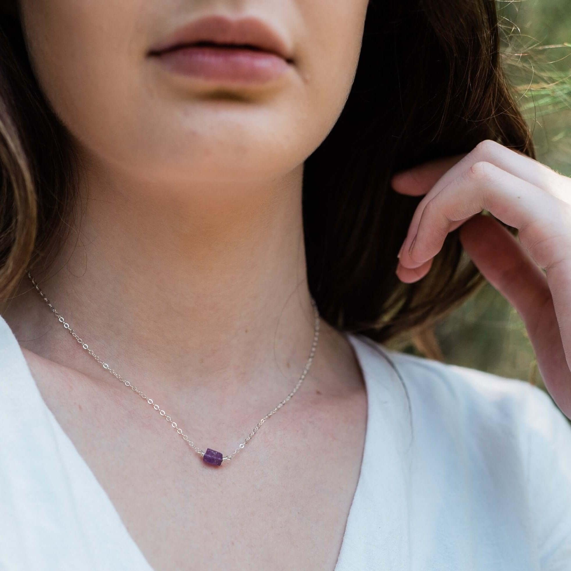 Tiny Raw Amethyst Crystal Nugget Necklace - Tiny Raw Amethyst Crystal Nugget Necklace - Sterling Silver - Luna Tide Handmade Crystal Jewellery