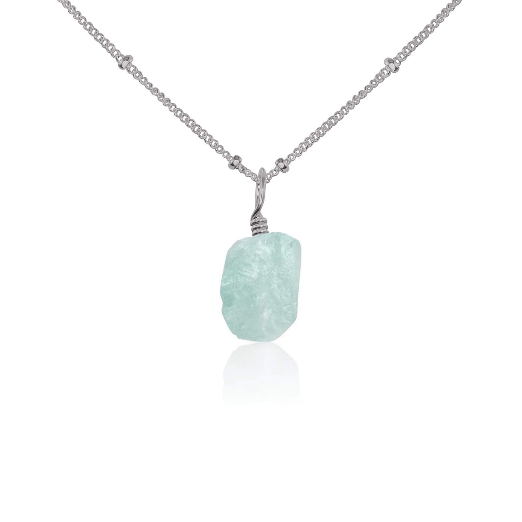 Tiny Raw Aquamarine Pendant Necklace - Tiny Raw Aquamarine Pendant Necklace - Stainless Steel / Satellite - Luna Tide Handmade Crystal Jewellery