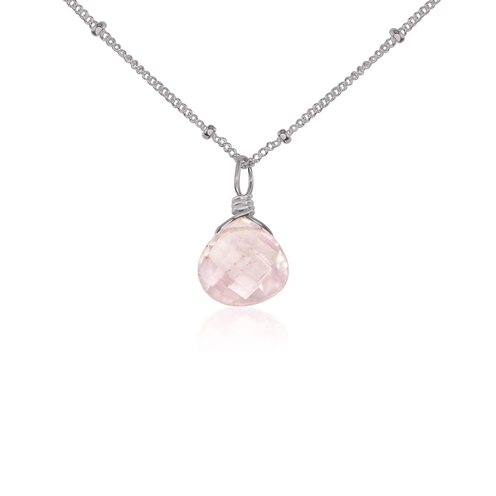 Tiny Rose Quartz Teardrop Crystal Necklace - Tiny Rose Quartz Teardrop Crystal Necklace - Stainless Steel / Satellite - Luna Tide Handmade Crystal Jewellery