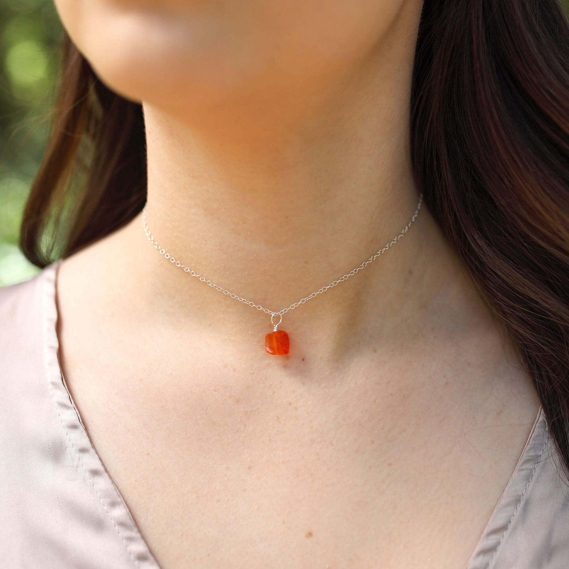 Tiny Rough Carnelian Gemstone Pendant Choker - Tiny Rough Carnelian Gemstone Pendant Choker - Sterling Silver / Cable - Luna Tide Handmade Crystal Jewellery