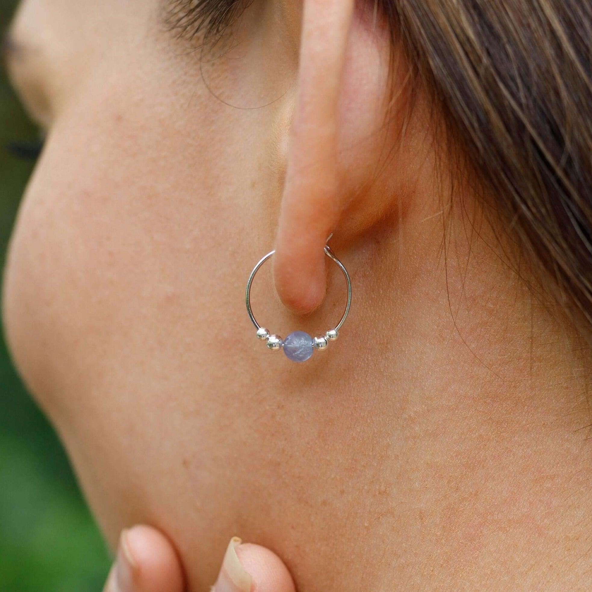 Tiny Tanzanite Gemstone Bead Hoop Earrings - Tiny Tanzanite Gemstone Bead Hoop Earrings - Sterling Silver - Luna Tide Handmade Crystal Jewellery