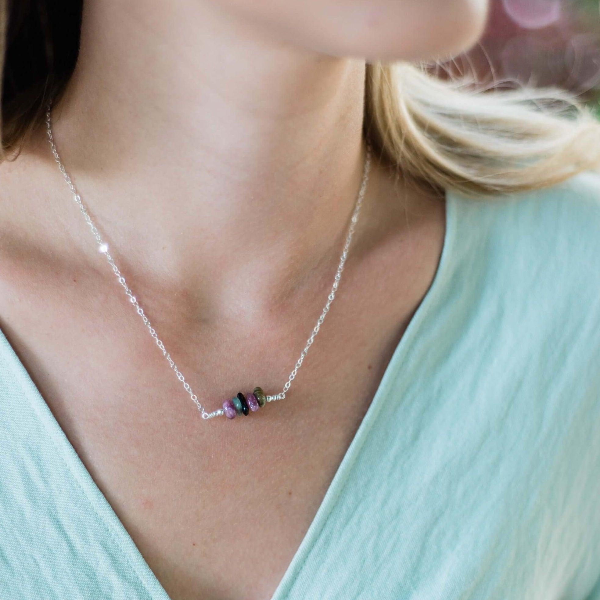 Tourmaline Chip Bead Bar Necklace - Tourmaline Chip Bead Bar Necklace - Sterling Silver - Luna Tide Handmade Crystal Jewellery