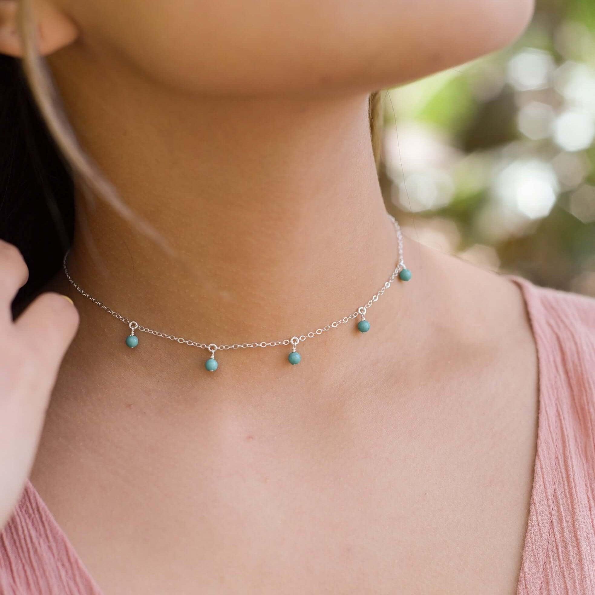 Turquoise Bead Drop Choker - Turquoise Bead Drop Choker - Sterling Silver - Luna Tide Handmade Crystal Jewellery