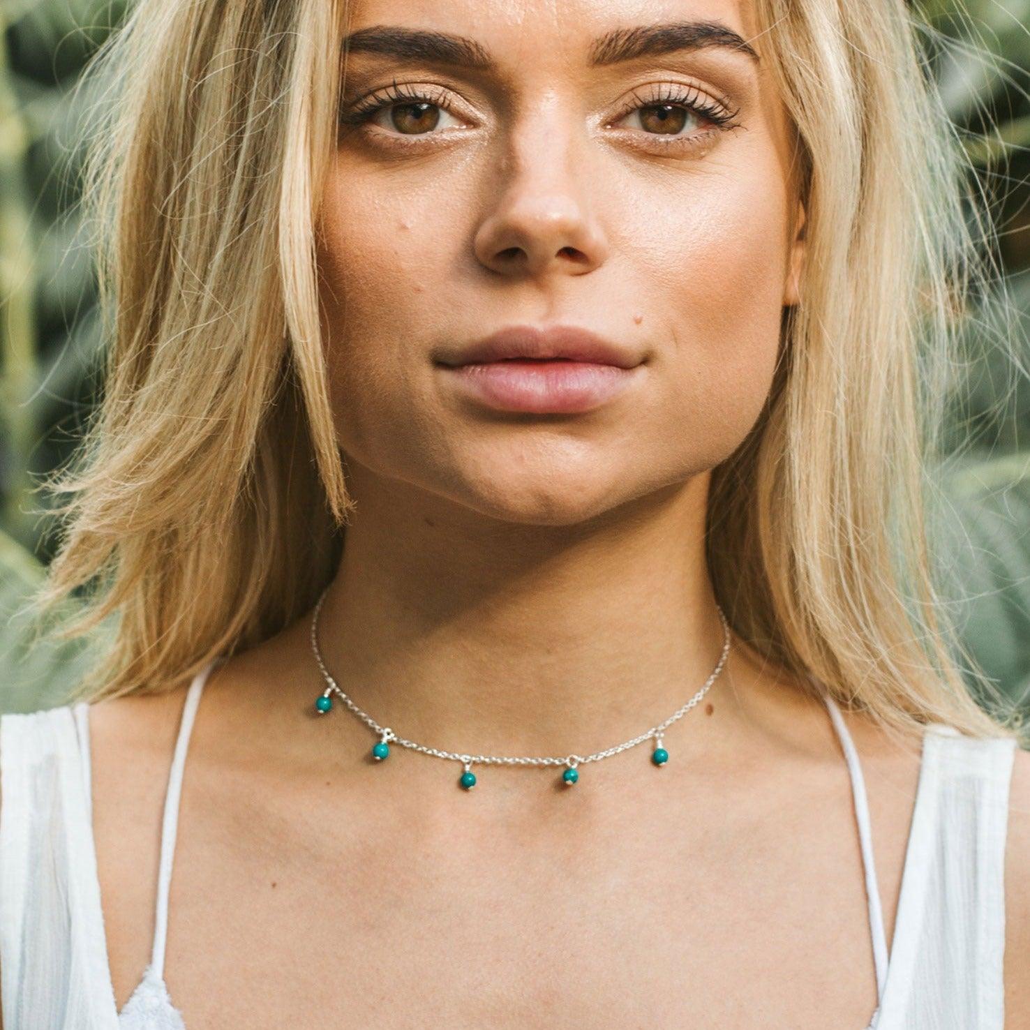 Turquoise Bead Drop Choker - Turquoise Bead Drop Choker - Sterling Silver - Luna Tide Handmade Crystal Jewellery