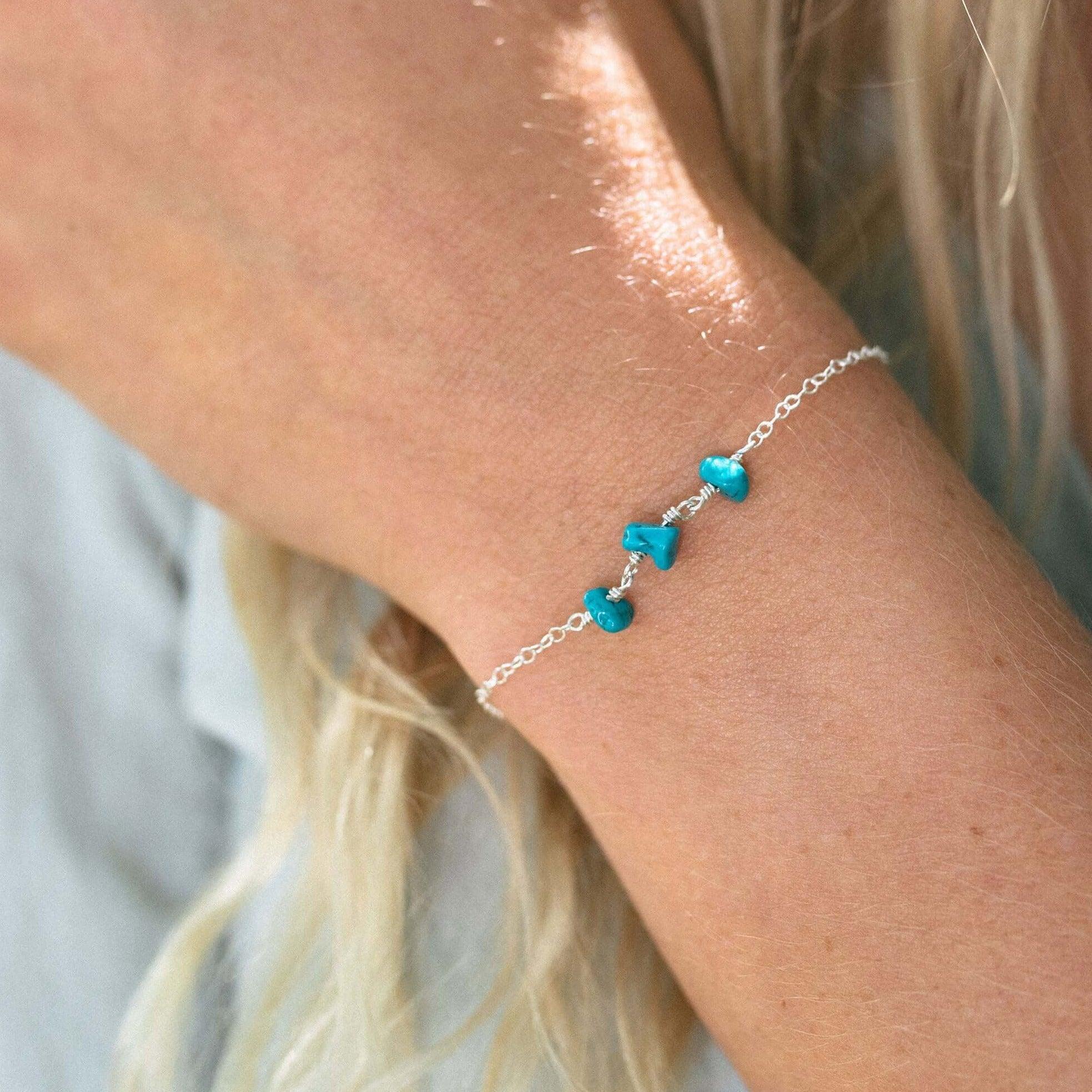 Turquoise Beaded Chain Bracelet - Turquoise Beaded Chain Bracelet - Sterling Silver - Luna Tide Handmade Crystal Jewellery