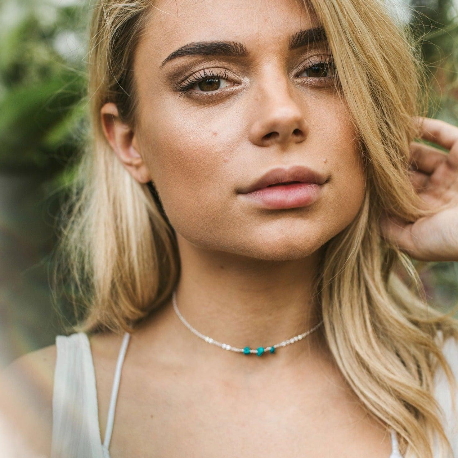 Turquoise Beaded Chain Choker Necklace - Turquoise Beaded Chain Choker Necklace - Sterling Silver - Luna Tide Handmade Crystal Jewellery