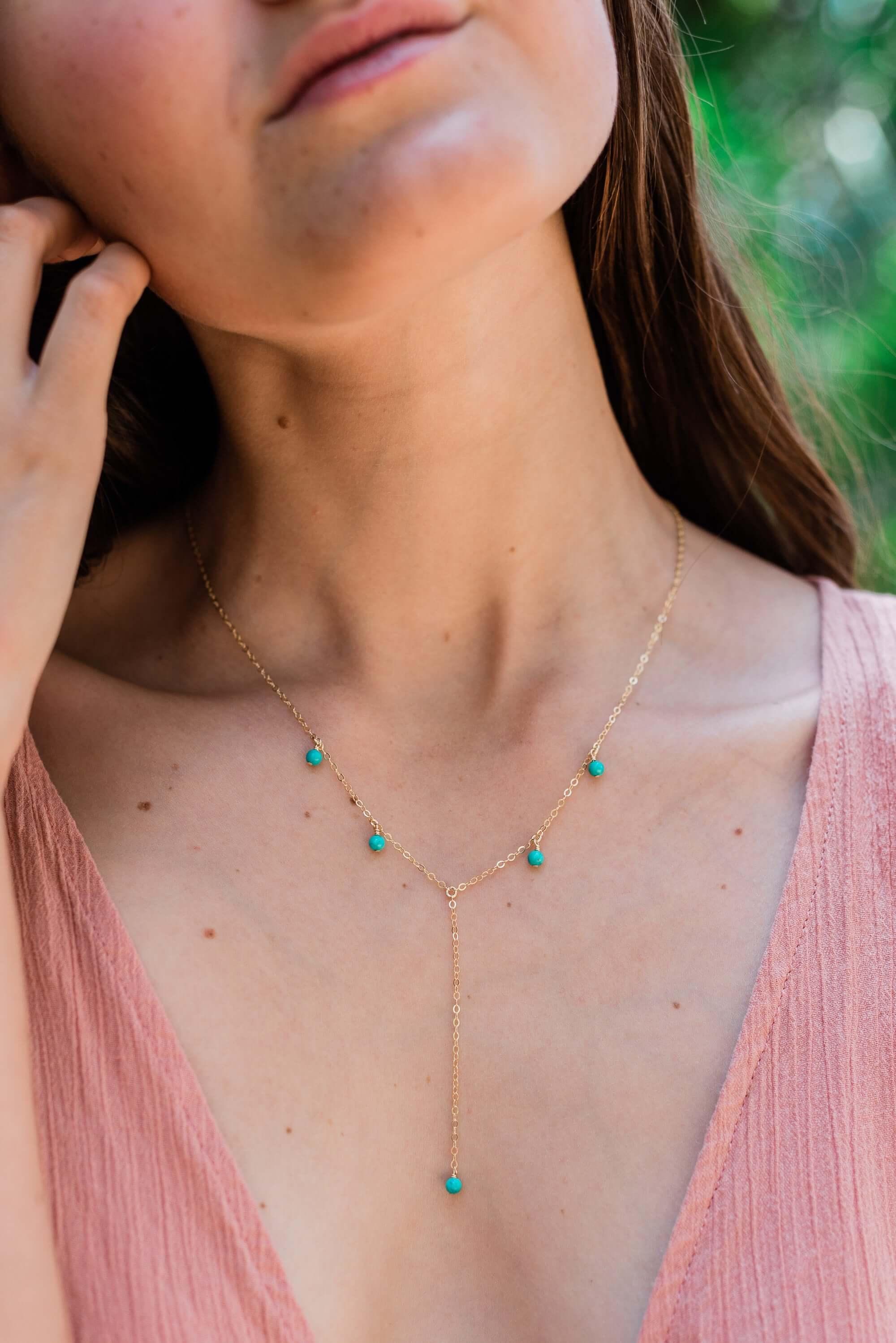 Turquoise Boho Lariat Necklace - Turquoise Boho Lariat Necklace - Sterling Silver - Luna Tide Handmade Crystal Jewellery