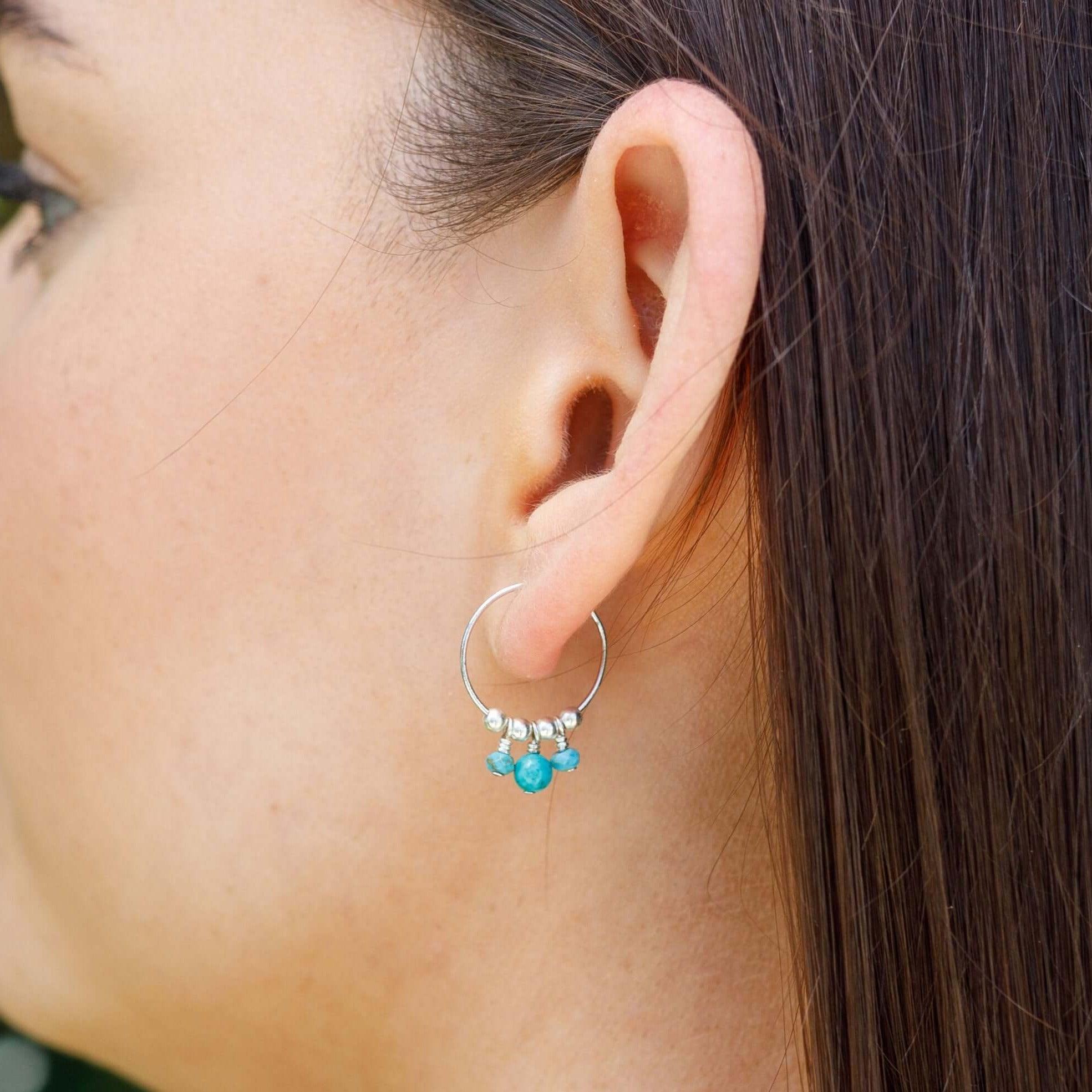 Turquoise Gemstone Bead Drop Hoop Earrings - Turquoise Gemstone Bead Drop Hoop Earrings - Sterling Silver - Luna Tide Handmade Crystal Jewellery