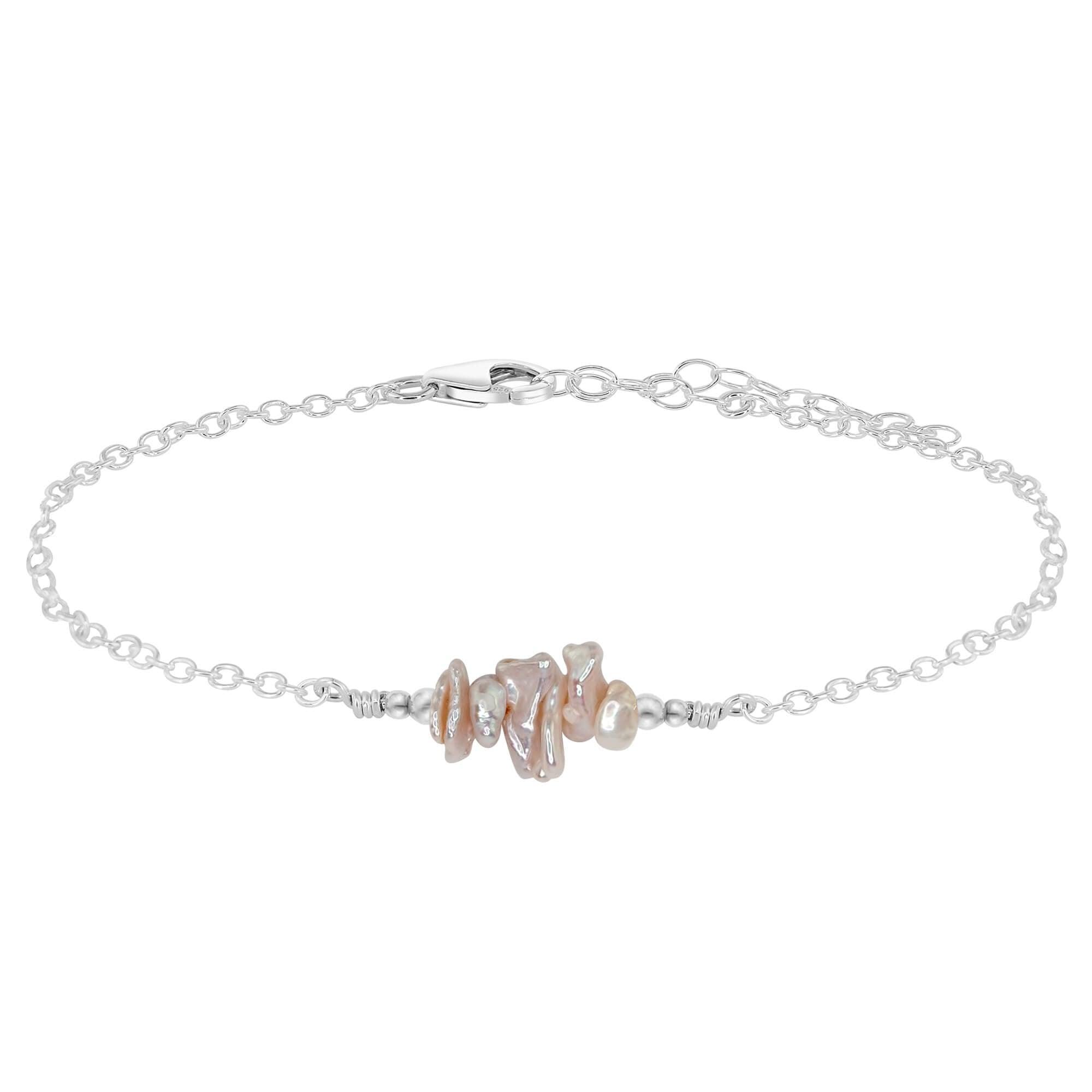 White Freshwater Pearl Chip Bead Bar Anklet - White Freshwater Pearl Chip Bead Bar Anklet - Sterling Silver - Luna Tide Handmade Crystal Jewellery