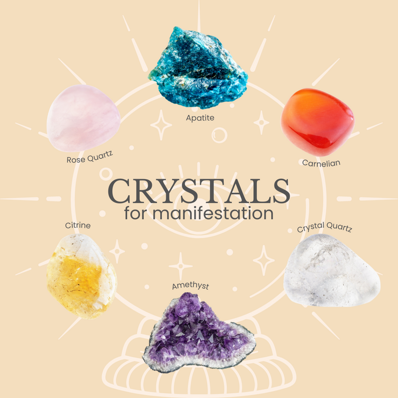 Crystals for Manifestation: Exploring the Power of Citrine, Amethyst, Carnelian, Apatite, Crystal Quartz, and Rose Quartz