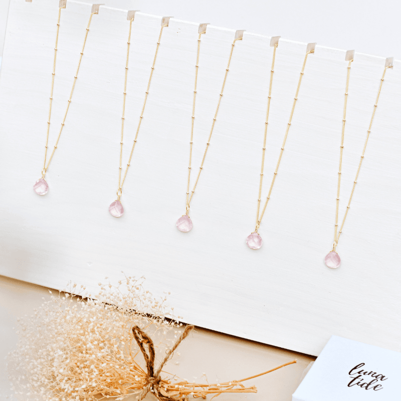 Tiny Rose Quartz Teardrop Bridesmaids Necklaces Bundle