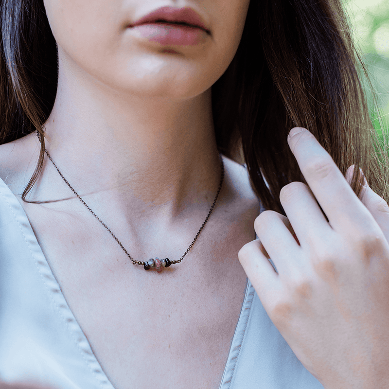 Bronze Rainbow Tourmaline Chip Bead Bar Necklace