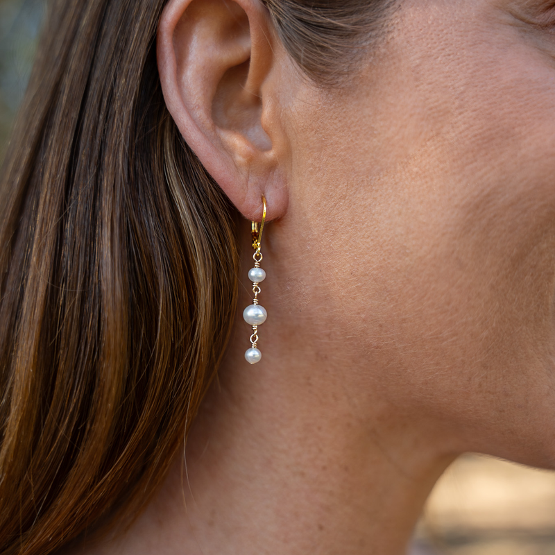 White Freshwater Pearl Crystal Beaded Chain Dangle Leverback Earrings