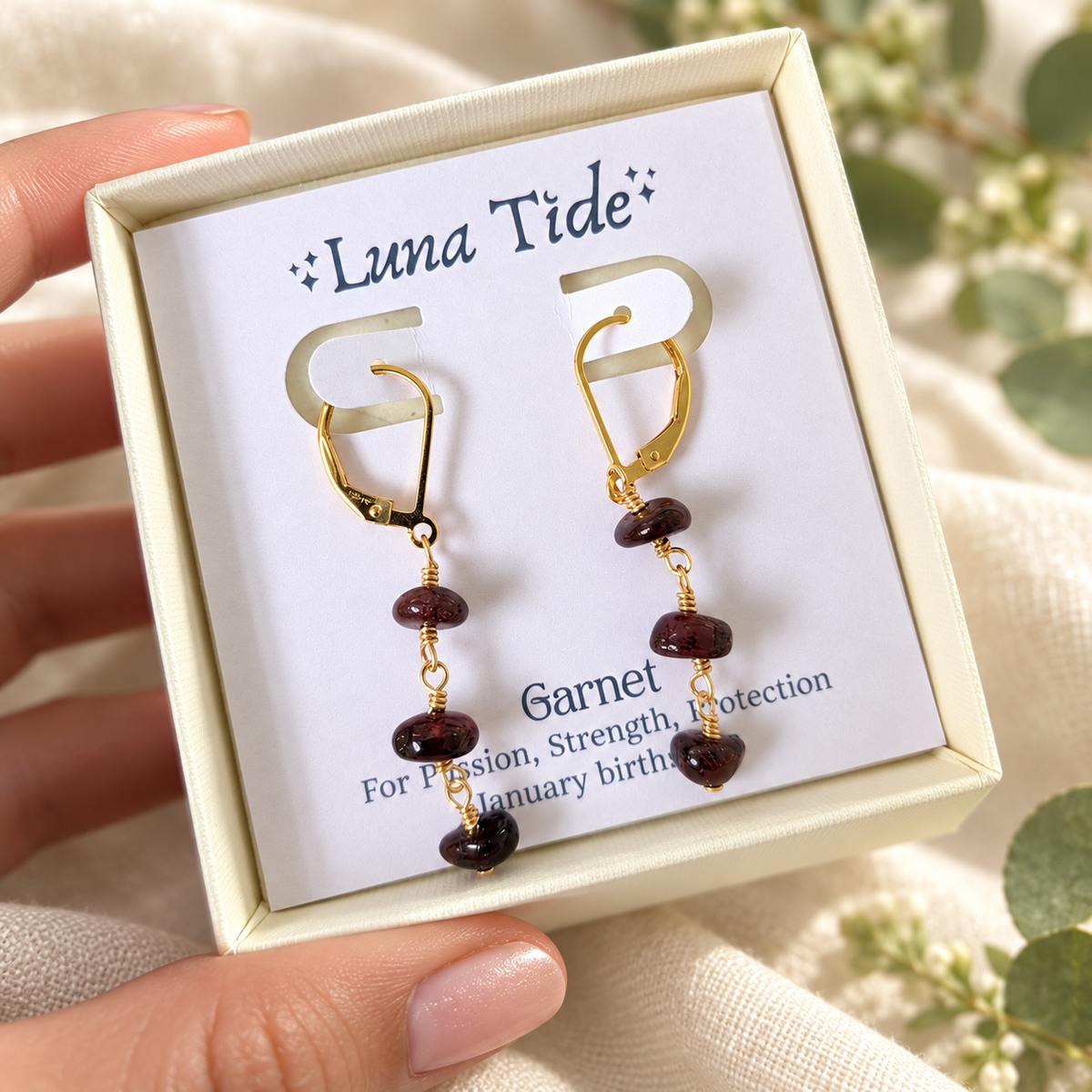 Garnet Crystal Beaded Chain Dangle Leverback Earrings