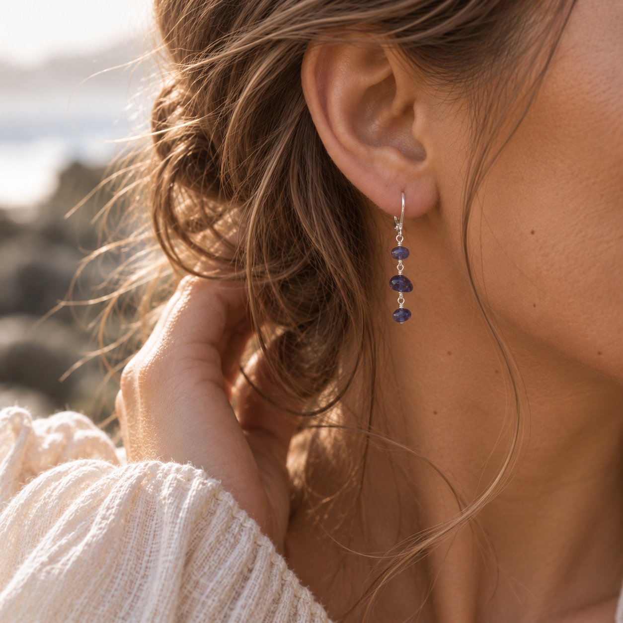 Iolite Crystal Beaded Chain Dangle Leverback Earrings