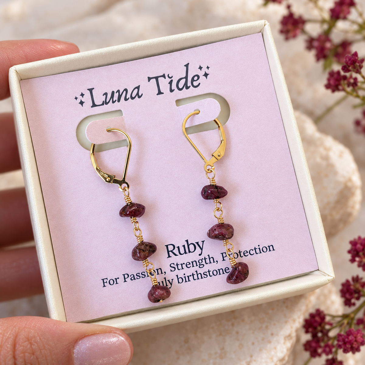 Ruby Crystal Beaded Chain Dangle Leverback Earrings