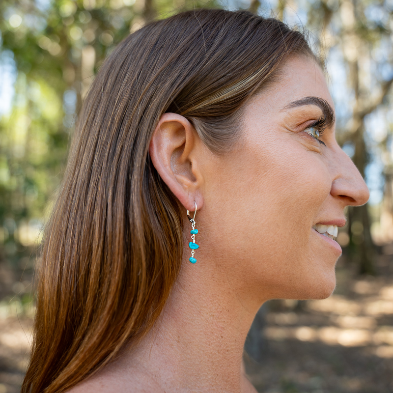 Turquoise Crystal Beaded Chain Dangle Leverback Earrings