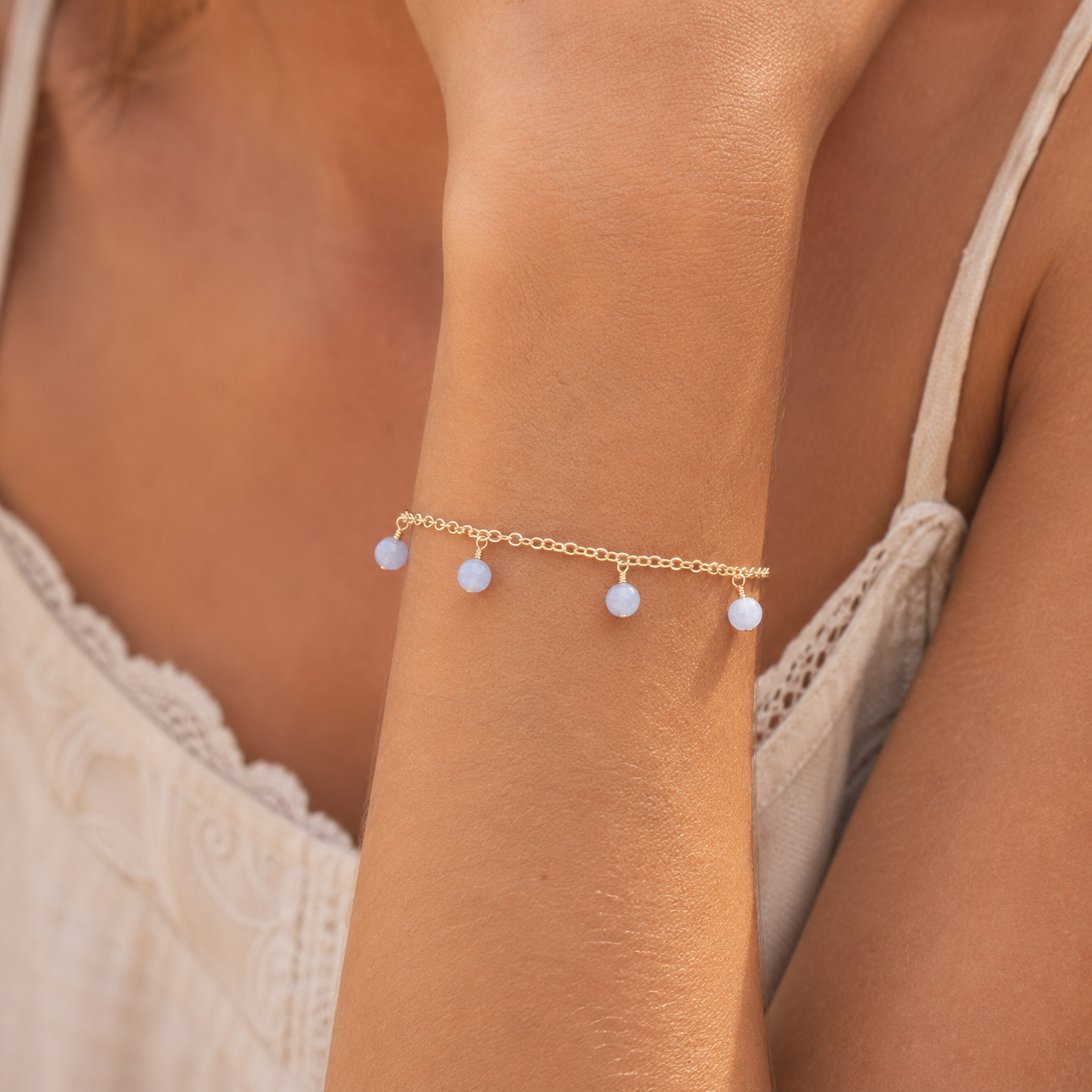 Blue Lace Agate Boho Gemstone Bead Drop Charm Bracelet