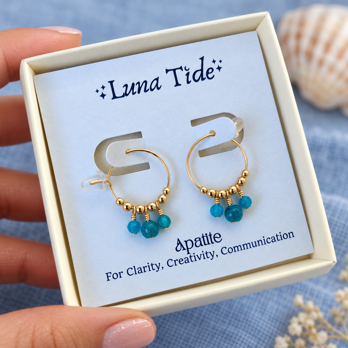 Blue Apatite Gemstone Bead Drop Hoop Earrings