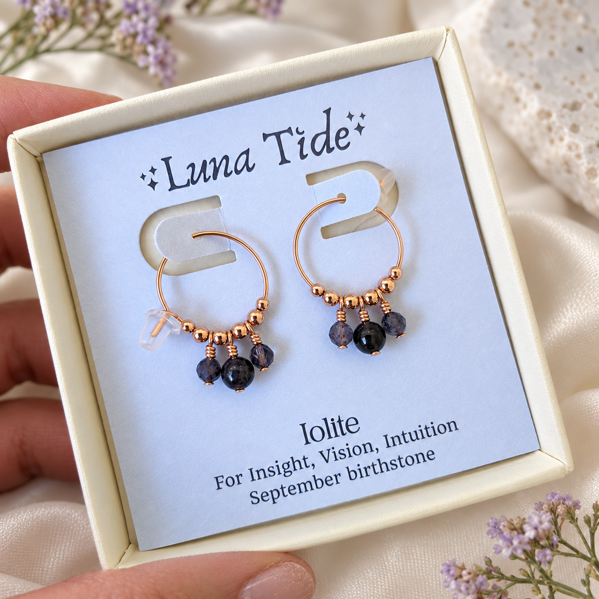 Grey Iolite Gemstone Bead Drop Hoop Earrings