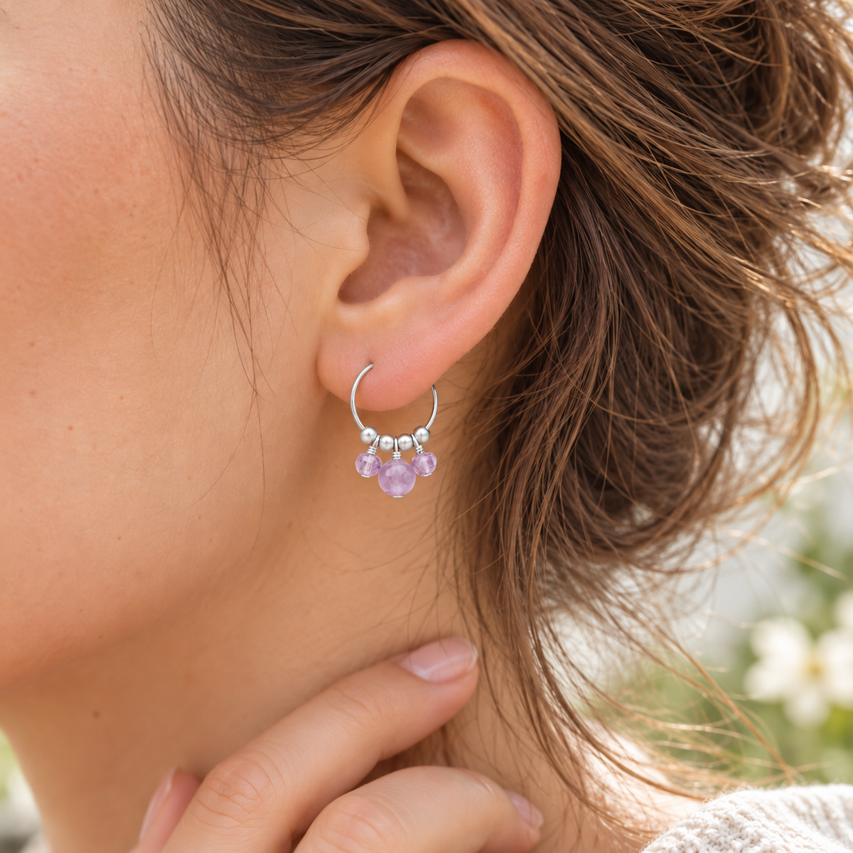 Pink Amethyst Gemstone Bead Drop Hoop Earrings